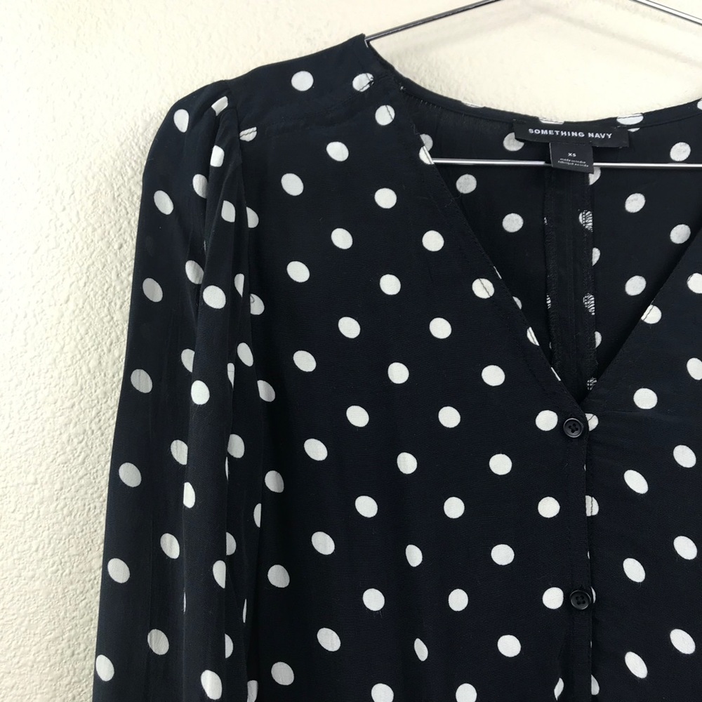 Something Navy Polka Dot Oversized Balloon Sleeve Button Down Size XS - Picture 3 of 8
